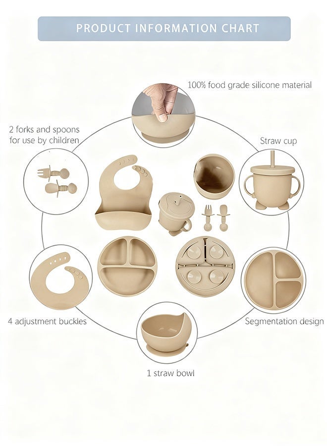 Silicone Baby Feeding Set [13 Pieces] with Suction Bowl and Divided Plate, Baby Spoon and Fork, Training Cup with Straw and Lid, Two Different Styles of Bibs, Finger Toothbrush, Fruit Puree Teether [Beige] Silicone Tableware Set - Image 3